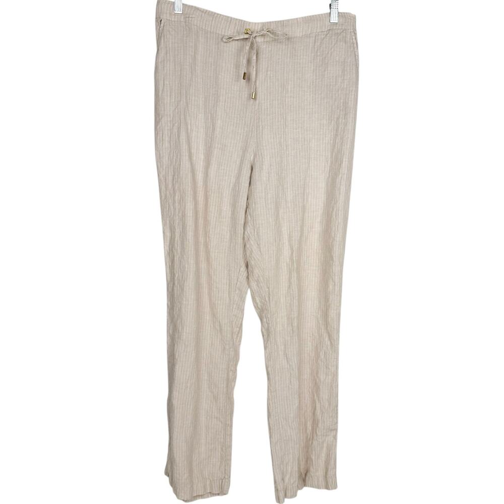 New Ellen Tracy Natural Linen Striped Straight Leg Light Breathable Pants Sz XL